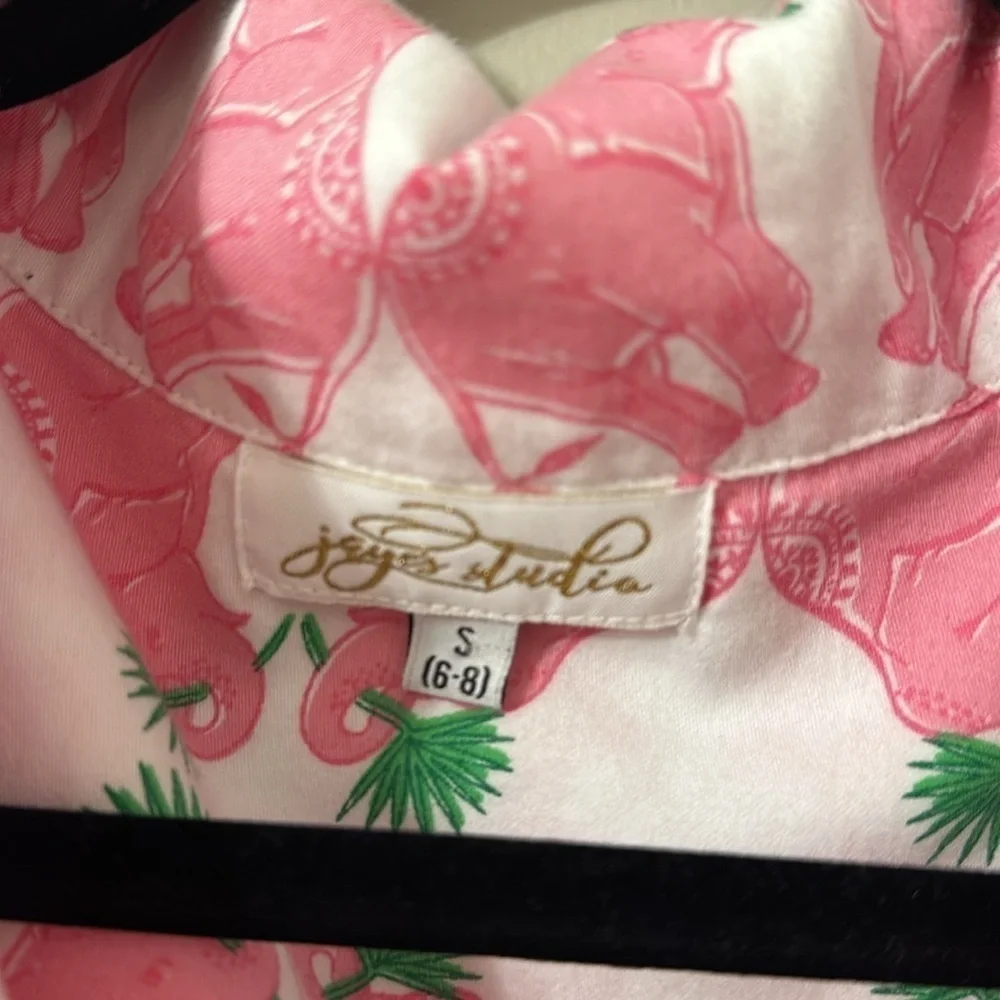 Jaye’s Studio Button Front Sleep Shirt Pink, White&Green Elephant Print Sz Small
